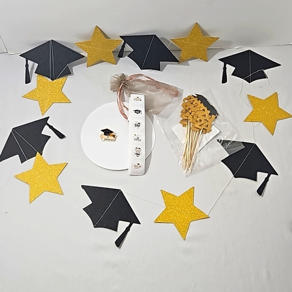 Graduation Party decor black and gold banner Cupcakes toppers Enamel Grad Pin - Picture 4 of 17